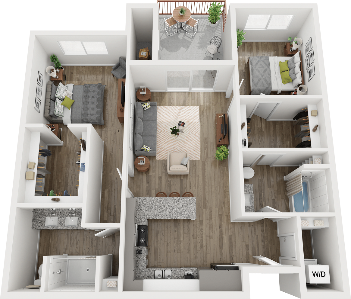 Floor plan for 2 beds, 2 baths, 1019 sqft